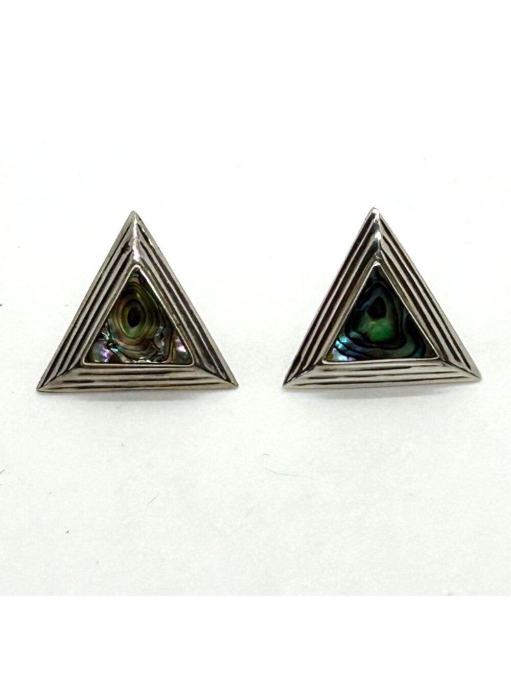 Stainless Steel Stud Earrings Abalone Triangle Geometric 1980s Irridesent - Picture 2 of 16